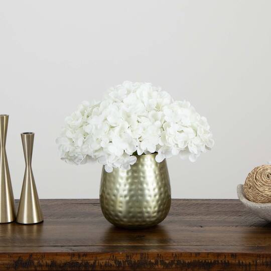 11" White Hydrangea Arrangement in Gold Metal Vase